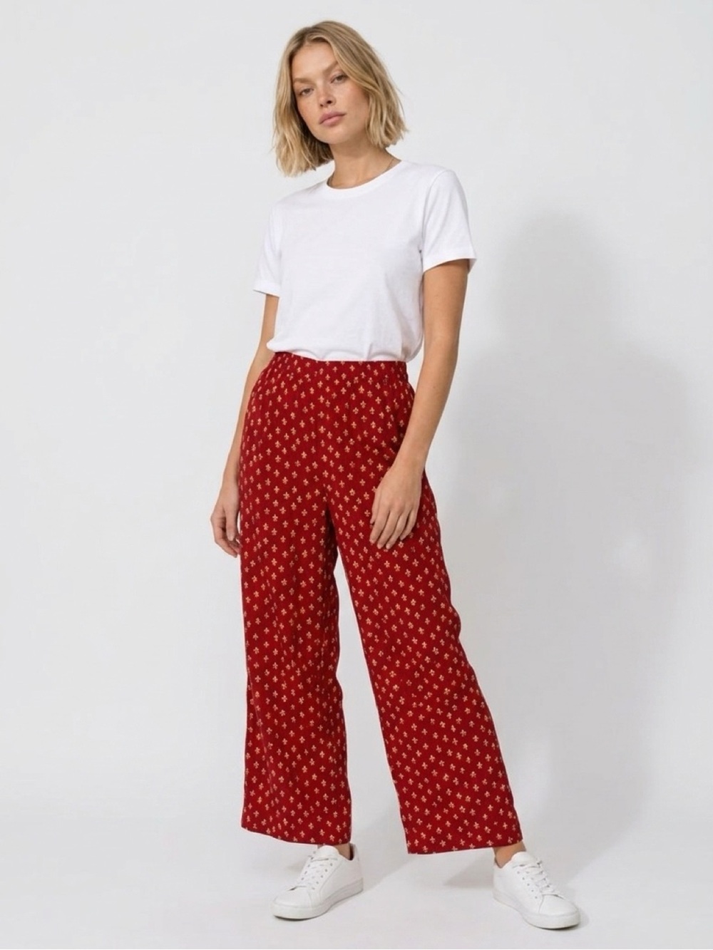 FLEUR-DE-LIS 100% Silk Lounge Pants Wide Leg Burnt Red Gold Women Size S